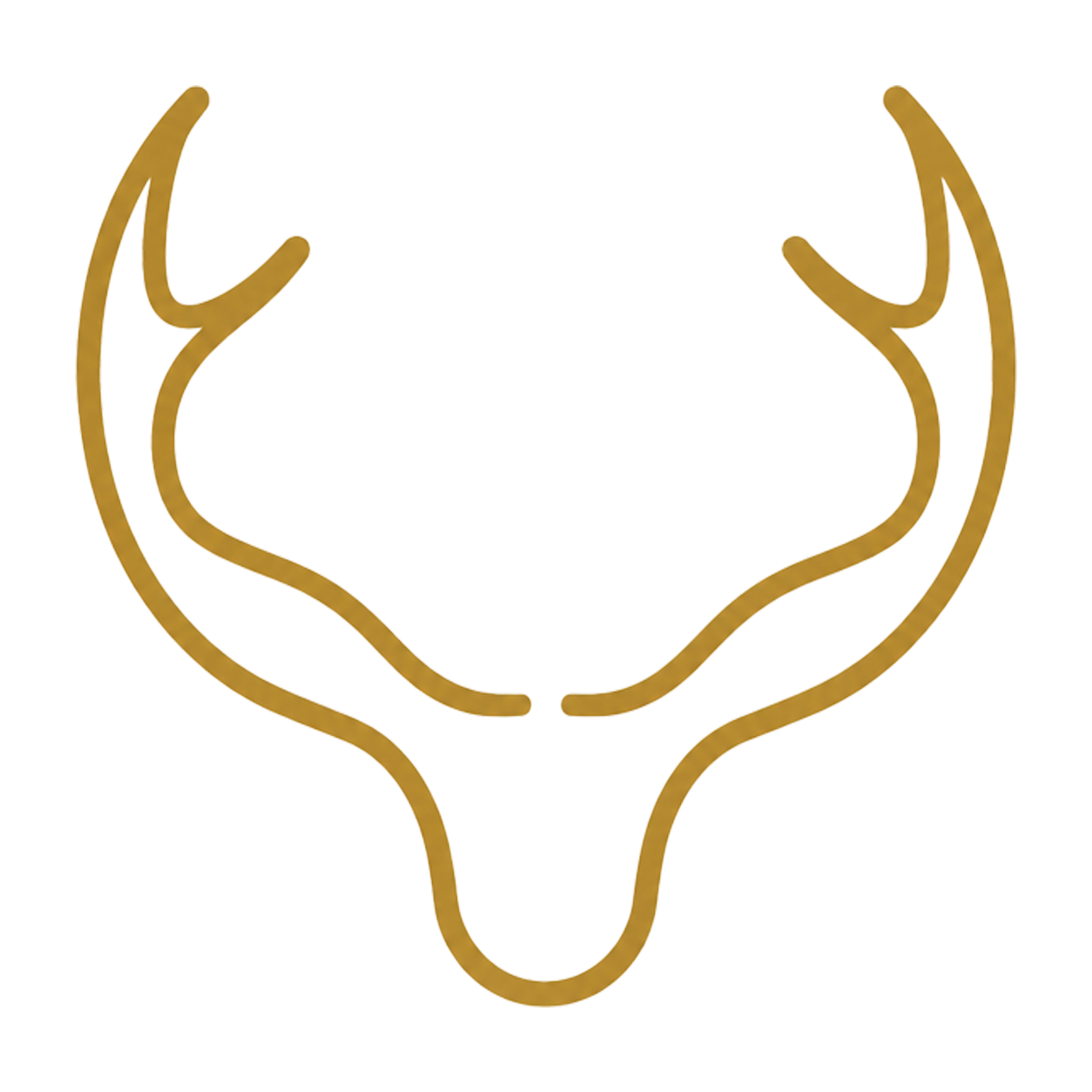 A minimalist gold line-art icon of a deer head with antlers on a plain white background.