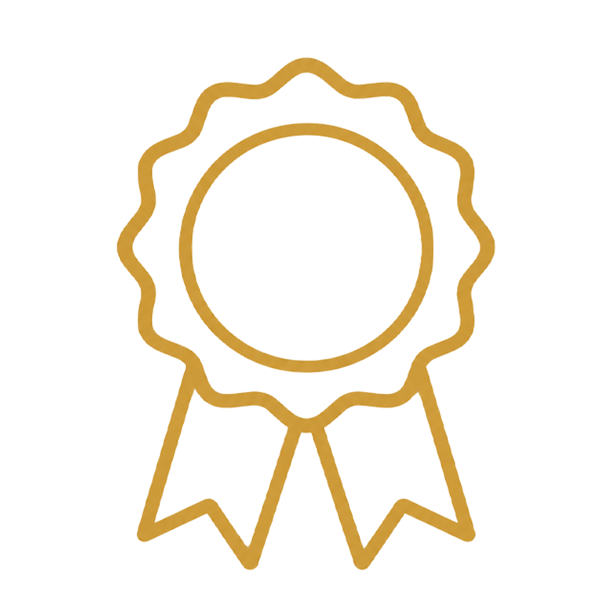 A gold outline icon of a rosette award ribbon on a plain white background.