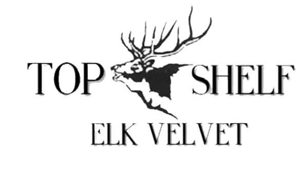 Black text reading 'TOP SHELF ELK VELVET' with a black elk head and antlers centered on a white background.