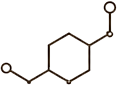 A chemical structure diagram of a six-membered ring with an oxygen atom, featuring two methylene-ether branches.